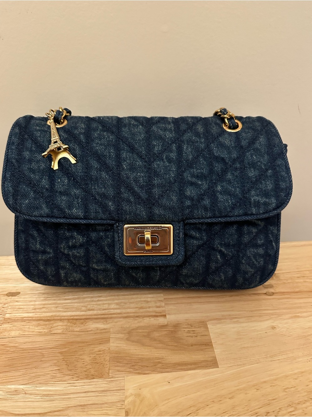 Karl Lagerfeld Quilted Blue Denim Chain Shoulder Bag with Eiffel Charm - Picture 8 of 16